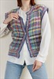 VINTAGE 90S ROUNDNECK RAINBOW KNIT WOMEN CHECK VEST S