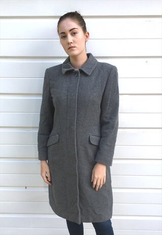 WOMENS VINTAGE 80S COAT GREY WOOL JACKET MIDI LENGTH MAC