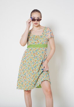 Vintage 90s Grunge Ditsy Floral Asymetric Neckline Dress XS