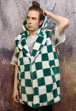 Chequerboard fleece gilet handmade check hoodie jacket green