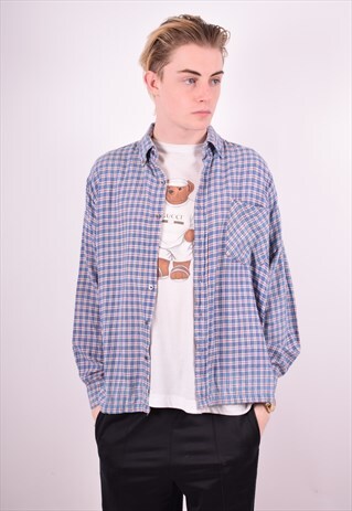 MENS VINTAGE FLANNEL SHIRT LARGE BLUE 90'S