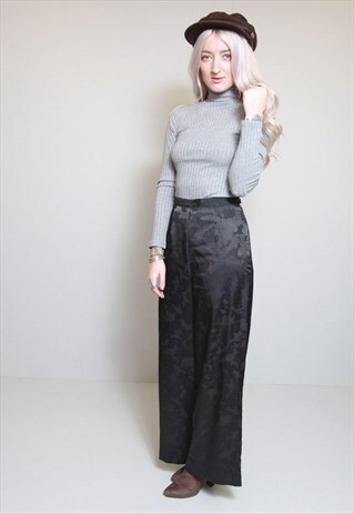 VINTAGE 1970'S BLACK SHEER FLORAL WIDE LEG TROUSERS