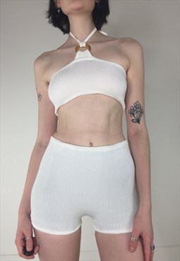 Vintage Y2k Co Ord Beach  Textured White Stretchy Shorts 90s