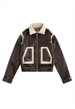 Cropped aviator jacket retro sherpa coat waxed bomber brown