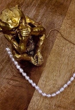 Pearl Link 18k Gold Necklace Dainty Link Patterned Chain 