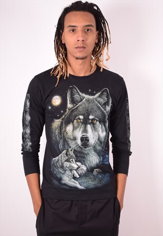 MENS VINTAGE WOLF TOP LONG SLEEVE SMALL BLACK 90S
