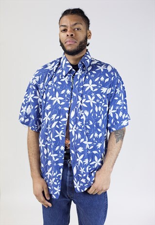 VINTAGE 90S BLUE AND WHITE FLORAL PATTERNED SHIRT