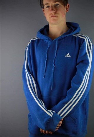 VINTAGE ADIDAS HOODIE IN BLUE WITH EMBROIDERED LOGO