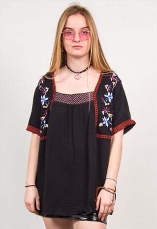 VINTAGE 90'S BLACK FLORAL EMBROIDERED BLOUSE TOP HIPPIE