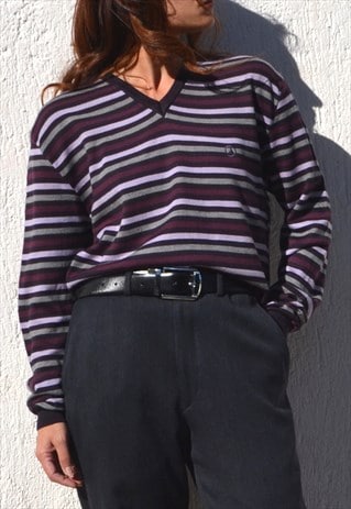 Purple/multi color striped merino wool v neck knit pullover