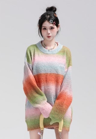 HORIZONTAL STRIPE SWEATER GRADIENT KNITTED JUMPER FLUFFY TOP