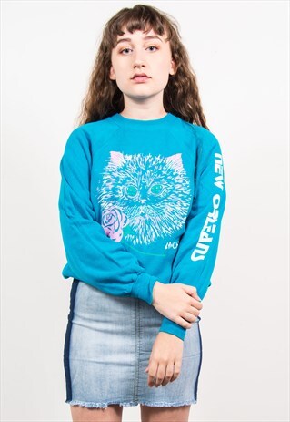VINTAGE 90'S BLUE CAT PRINT CUTE SWEATSHIRT JUMPER