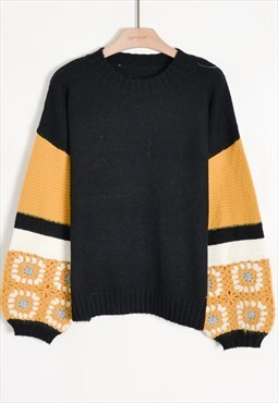 Black/Yellow Jumper With Floral Crochet Sleeves
