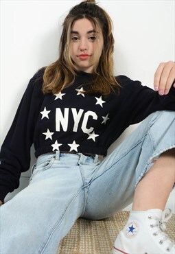 Vintage 90s Cropped NYC Graphic Jumper in Blue