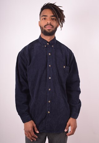 MENS VINTAGE CORDUROY SHIRT LARGE NAVY BLUE 90S