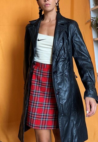 VINTAGE 90S LEATHER TRENCH BIKER JACKET BUCKLES BLACK
