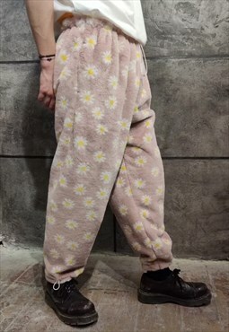 Floral fleece joggers handmade 70s daisy overalls in pink