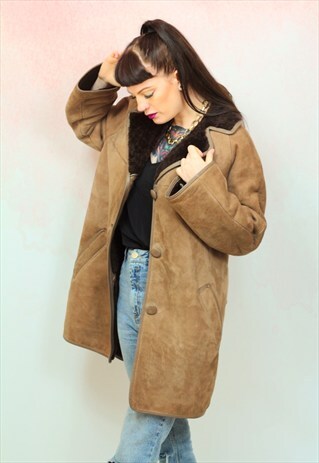 1970S VINTAGE REAL BROWN SHEEPSKIN SHERPA LINING COAT