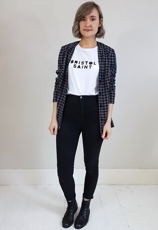 VINTAGE 70'S BLUE AND WHITE GEOMETRIC PRINT JACKET