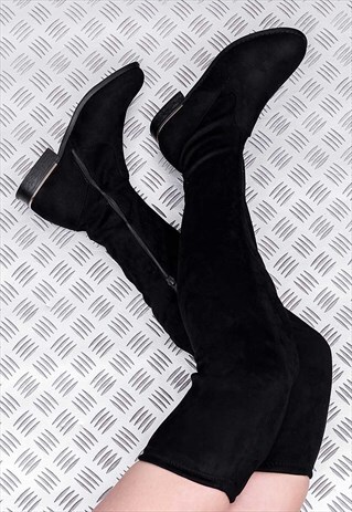 BARDOT BLOCK HEEL OVER KNEE TALL BOOTS - BLACK SUEDE STYLE