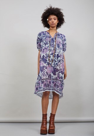 70'S DEEP PURPLE AND LILAC FLORAL INDIAN BOHO DRESS