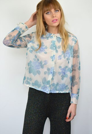 VINTAGE 90S PASTEL BLUE & WHITE FLORAL SHEER CROPPED BLOUSE
