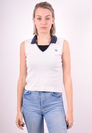 FRED PERRY WOMENS VINTAGE POLO SHIRT SMALL WHITE 90'S
