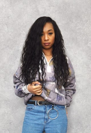 VINTAGE 1990S LILAC PRINT ZIPPER NECK JUMPER SWEATER