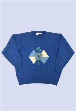 Blue Jumper Mens XXL Long Sleeves Knitted Vintage 
