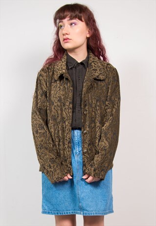 90'S DARK GREEN VELVET FLORAL PATTERN TAPESTRY JACKET