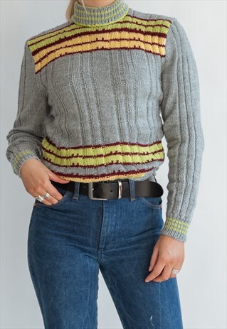VINTAGE 00S ROLL NECK JUMPER IN GREY WITH STRIPE DETAIL