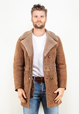 Vintage 70's Men Sheepskin Coat In Brown