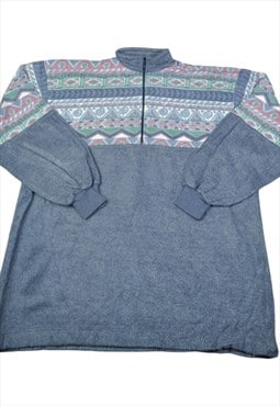 Vintage Fleece 1/4 Zip Retro Pattern Blue Medium