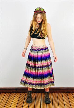 VINTAGE BOHO HIPPIE FESTIVAL PLEATED MIDI SKIRT