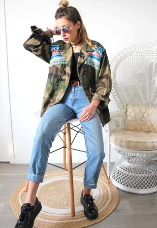 VINTAGE KHAKI JACKET MILITARY ETHNIC EMBROIDERY