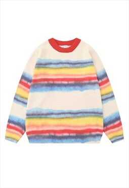 Water color fluffy sweater knitted raibow jumper in cream