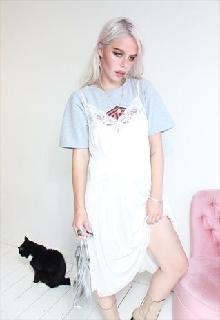 VINTAGE 80S WHITE LACE TRIM SLIP DRESS