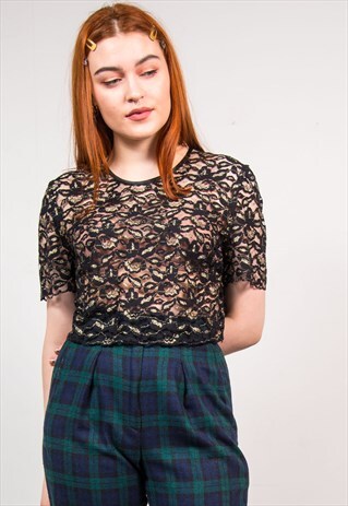VINTAGE 90'S BLACK LACE GOLD GLITTER PATTERN CROPPED TOP