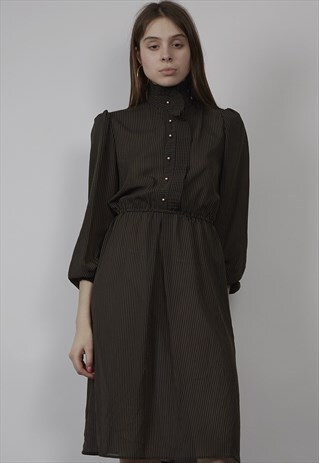 VINTAGE 70'S PINSTRIPED RUFFLE MIDI DRESS
