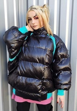 Asymmetric bomber unusual quilted puffer jacket in black