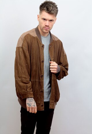 1980'S VINTAGE OVERSIZED SUEDE BOMBER JACKET IN BROWN