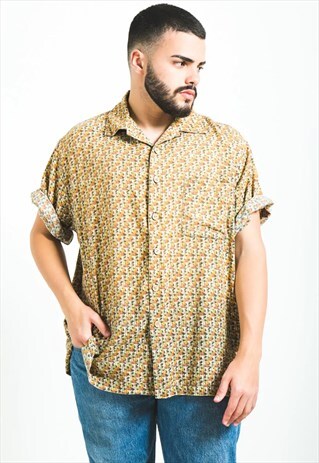 VINTAGE 80S CRAZY PATTERN FESTIVAL SHORT SLEEVE SHIRT /S5887