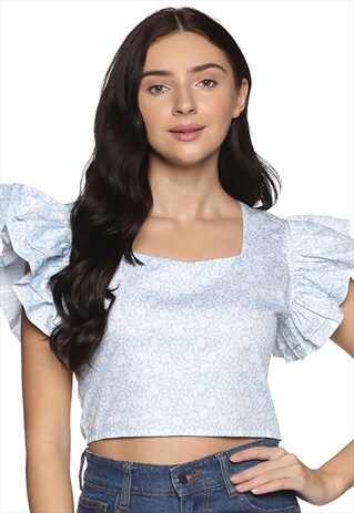 IS.U BLUE FLORAL RUFFLE SLEEVE CROP TOP