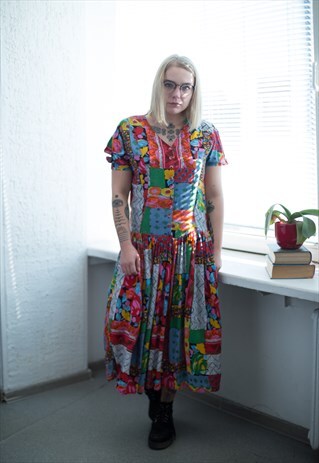 VINTAGE 80'S MULTICOLOUR PATTERNED MIDI DRESS