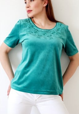 Embroidered Vintage Top 90s Velvet T-shirt Cottagecore Green