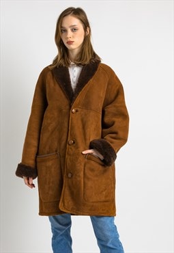 80s Vintage Suede Sheepskin Leather Shearling Coat 7008