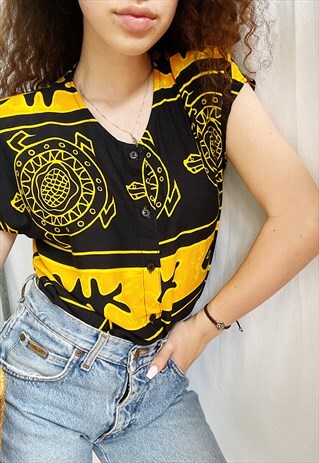 VINTAGE 90S BOHO HIPPIE ETHNIC BATIK PRINT BLOUSE TUNIC TOP