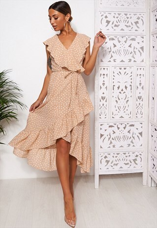 MICA BEIGE POLKA DOT FRILL WRAP MIDI DRESS