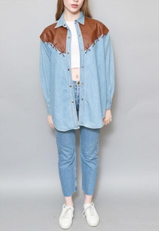 VINTAGE 1990'S AMAZING OVERSIZED DENIM AND LEATHER SHIRT