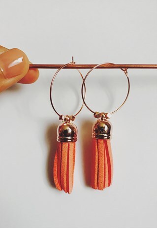 ORANGE LARGE TASSEL ROSE GOLD HOOP EARRINGS